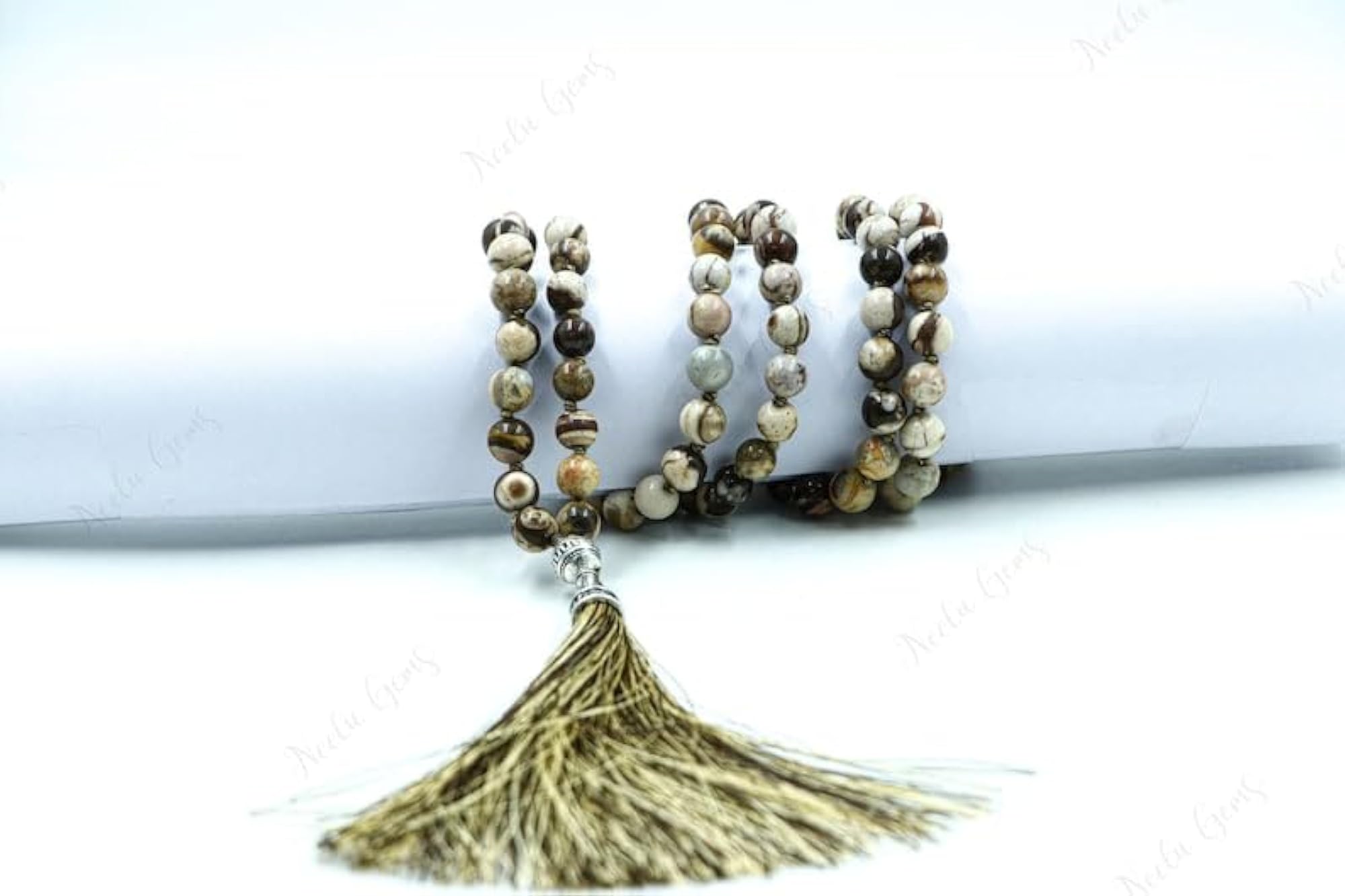 Natural Brown Zebra Jasper Beaded Handmade Prayer Mala Necklace